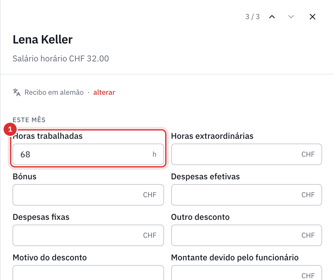 O recibo de uma funcionária paga à hora: os dados do mês, com 68 horas trabalhadas, os controlos dela e o recibo de vencimento.
