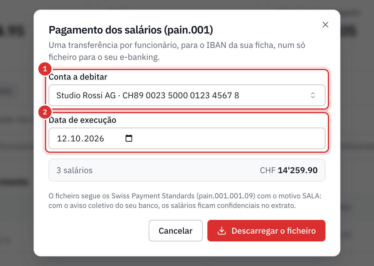 A janela Pagamento dos salários: a conta a debitar, a data de execução, o número de salários e o total.