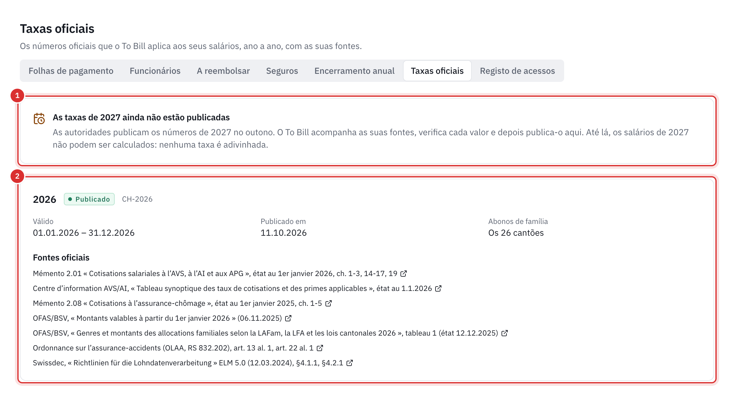 A página Taxas oficiais: o quadro das taxas de 2027 ainda não publicadas (1) e, depois, o ano de 2026 publicado, com o período, a data de publicação, os 26 cantões e as fontes oficiais (2).