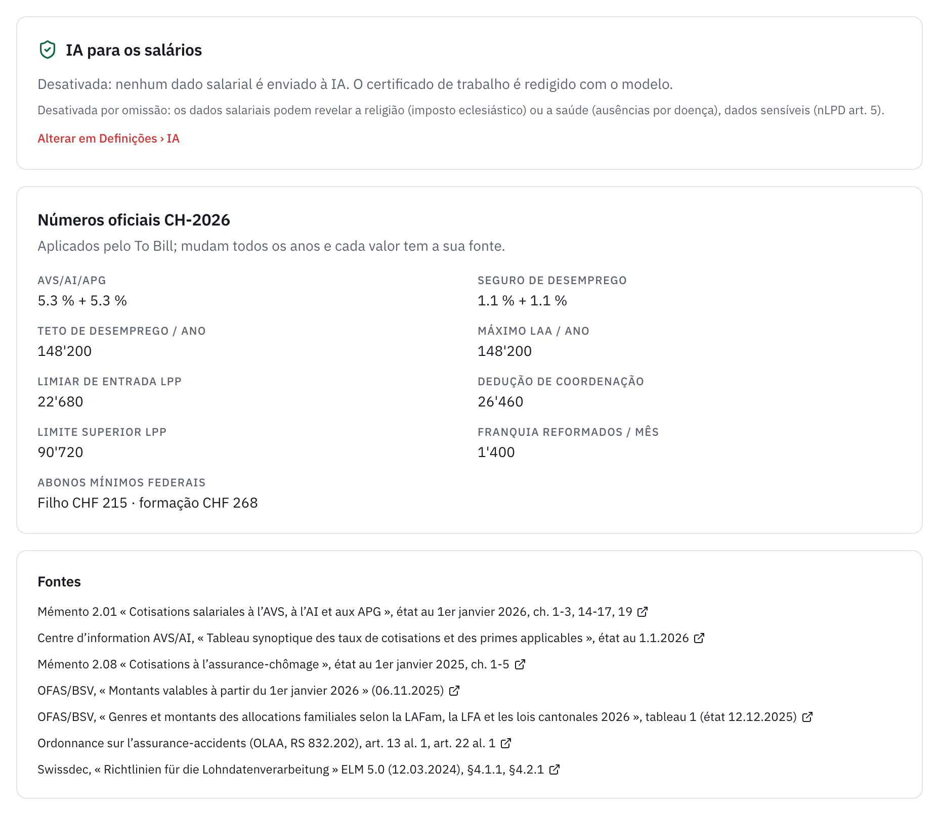 O painel Números oficiais CH-2026 e a lista das respetivas fontes oficiais.