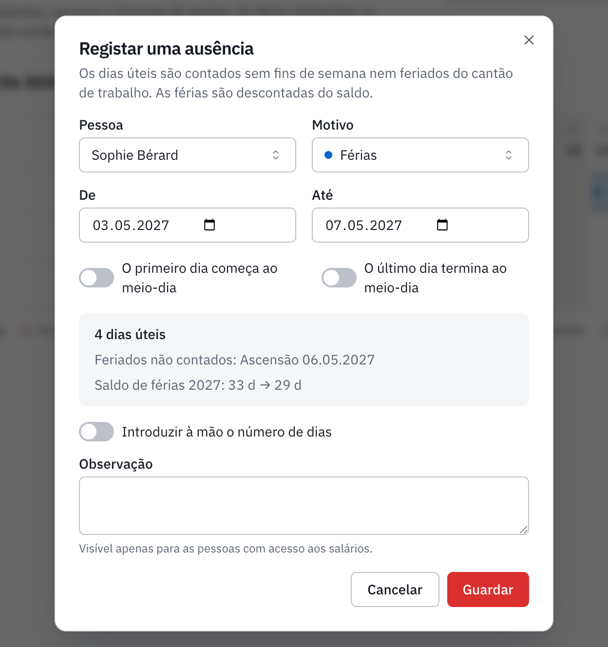 Uma nova ausência de Sophie Bérard, férias de segunda a sexta-feira na semana da Ascensão: 4 dias úteis, a Ascensão não contada, e o saldo de férias antes e depois.