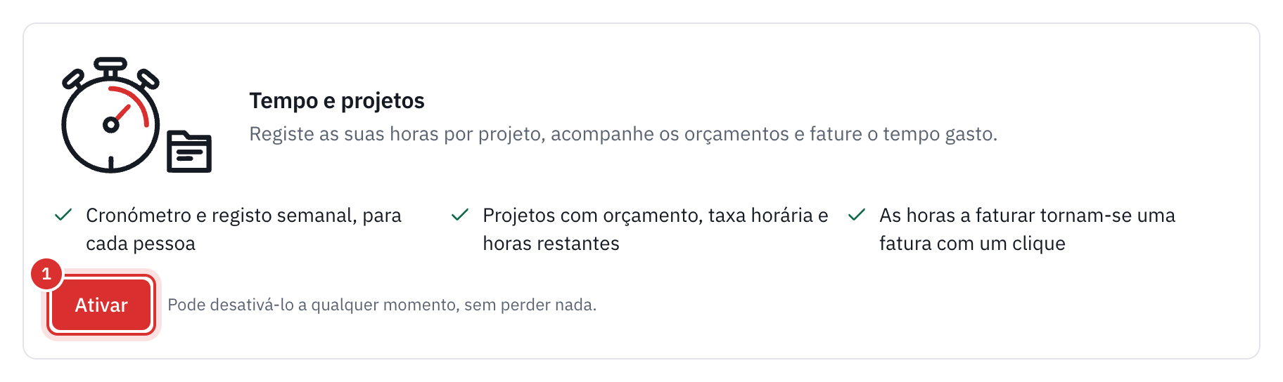 O cartão Tempo e projetos em Definições, Módulos, com o botão Ativar.