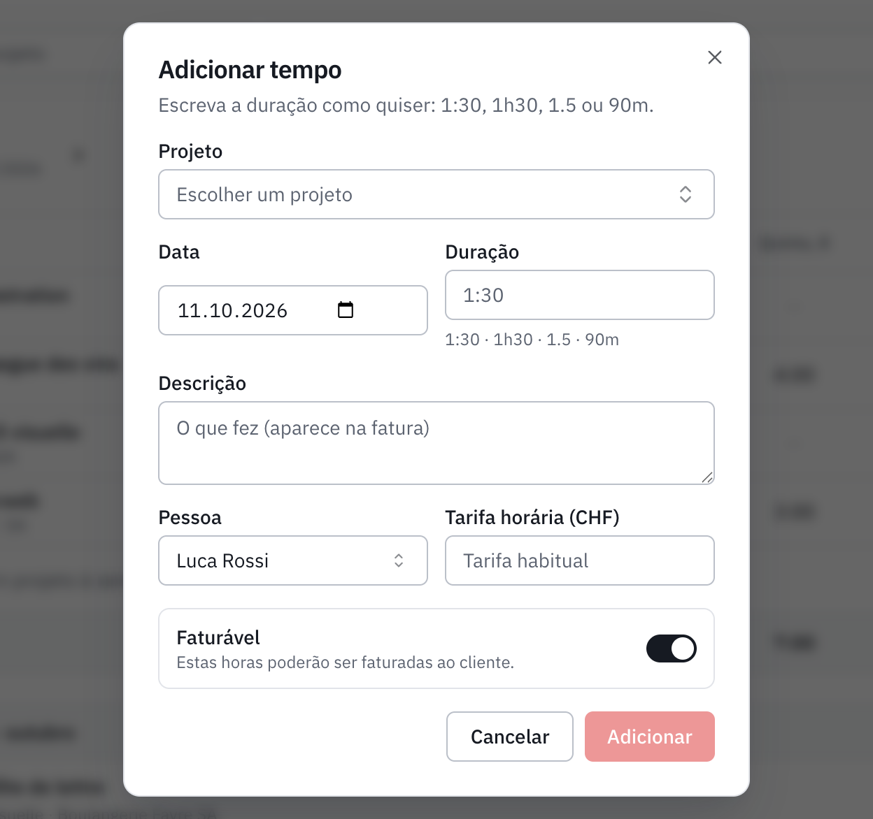 A janela Adicionar tempo: projeto, data, duração, descrição, pessoa, tarifa horária e faturável.