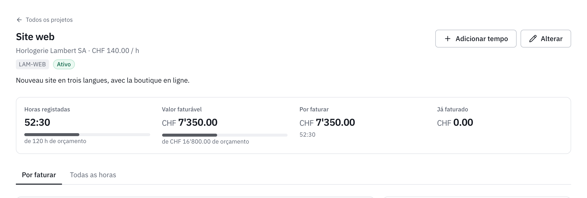 A página de um projeto: o cliente e a tarifa, as horas registadas face ao orçamento, o valor faturável, o que falta faturar e o que já foi faturado.
