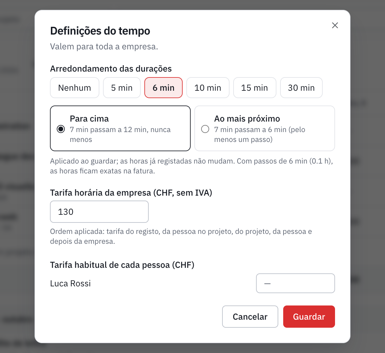 A janela Definições do tempo: o arredondamento das durações, o sentido do arredondamento, a tarifa horária da empresa e a tarifa de cada pessoa.