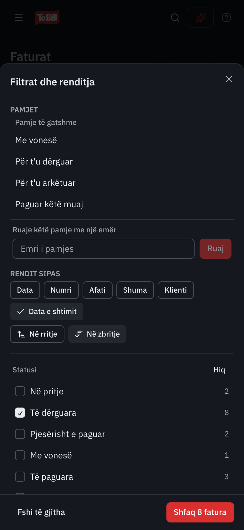 Paneli Filtrat dhe renditja në një telefon: pamjet, renditja dhe filtri Statusi, me butonin Shfaq 7 fatura.
