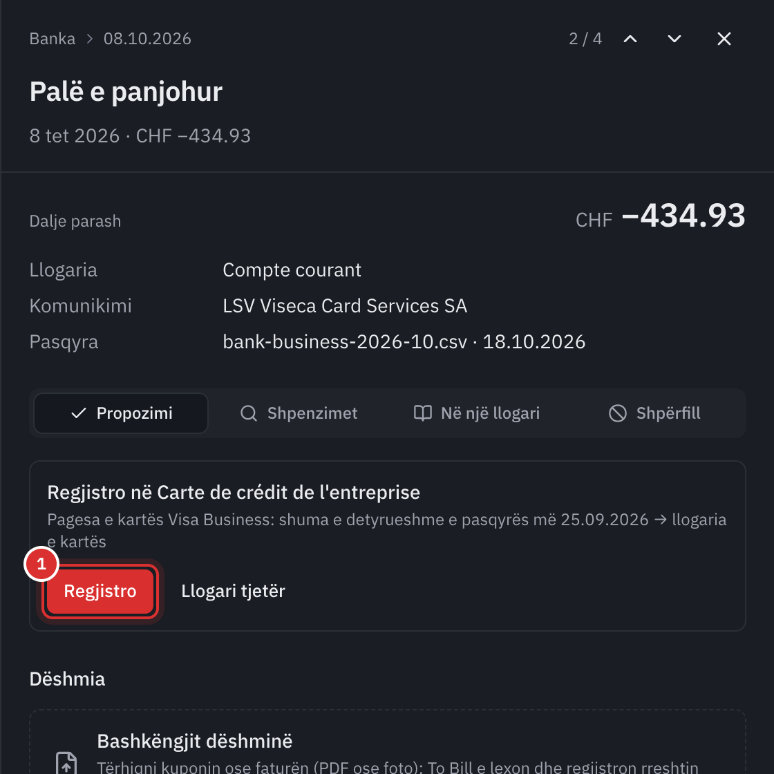 Paneli i një rreshti bankar prej 434.93, LSV Viseca Card Services SA: propozimi Regjistro te Karta e kreditit e ndërmarrjes, pagesa e kartës Visa Business, shuma e detyruar e pasqyrës së 25.09.2026, dhe butoni Regjistro.