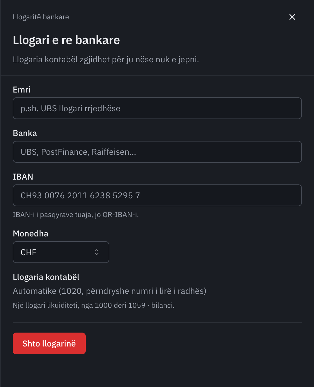 Formulari Llogari e re bankare: emri, banka, IBAN-i, monedha, llogaria kontabël automatike dhe butoni Shto llogarinë.