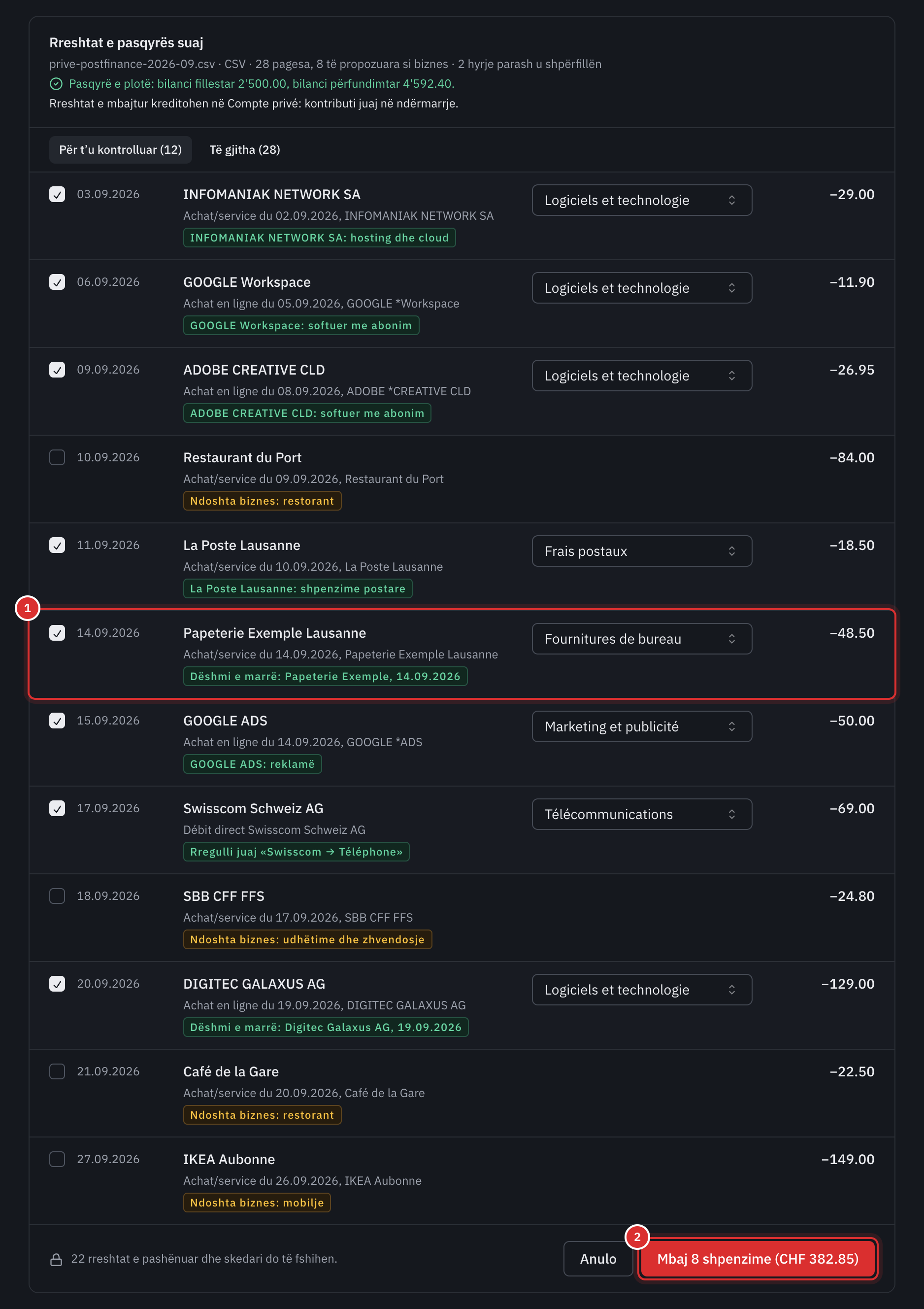 Rreshtat e pasqyrës suaj: 28 pagesa, 8 të propozuara si biznes; Infomaniak, Google Workspace, Adobe, La Poste, Papeterie Exemple me dëshminë e saj të marrë, Google Ads, Swisscom sipas rregullit tuaj dhe Digitec Galaxus me dëshminë e saj, të shënuar me kategorinë e tyre; një restorant, CFF dhe IKEA të shënuar Ndoshta biznes; dhe butoni Mbaj 8 shpenzime (CHF 382.85).