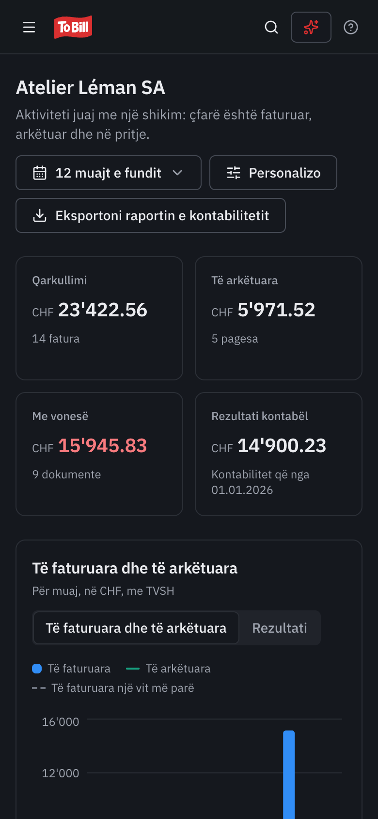Tabela e kontrollit e To Bill në një telefon.