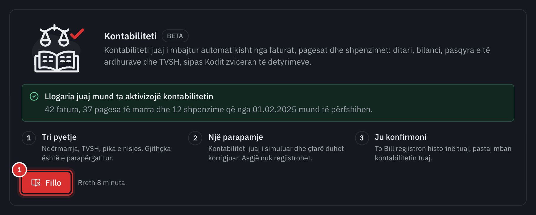 Karta Kontabiliteti te Cilësimet, Modulet, me butonin Fillo.