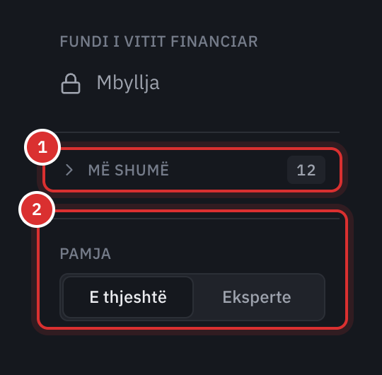 Fundi i menusë së kontabilitetit: grupi Më shumë i mbyllur, me numrin e dokumenteve që presin aty, dhe zgjedhja e pamjes E thjeshtë ose Eksperte.