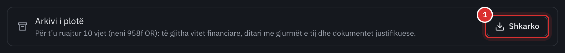Rreshti Arkivi i plotë i faqes Eksportet, për t'u ruajtur dhjetë vjet, me butonin e tij Shkarko.