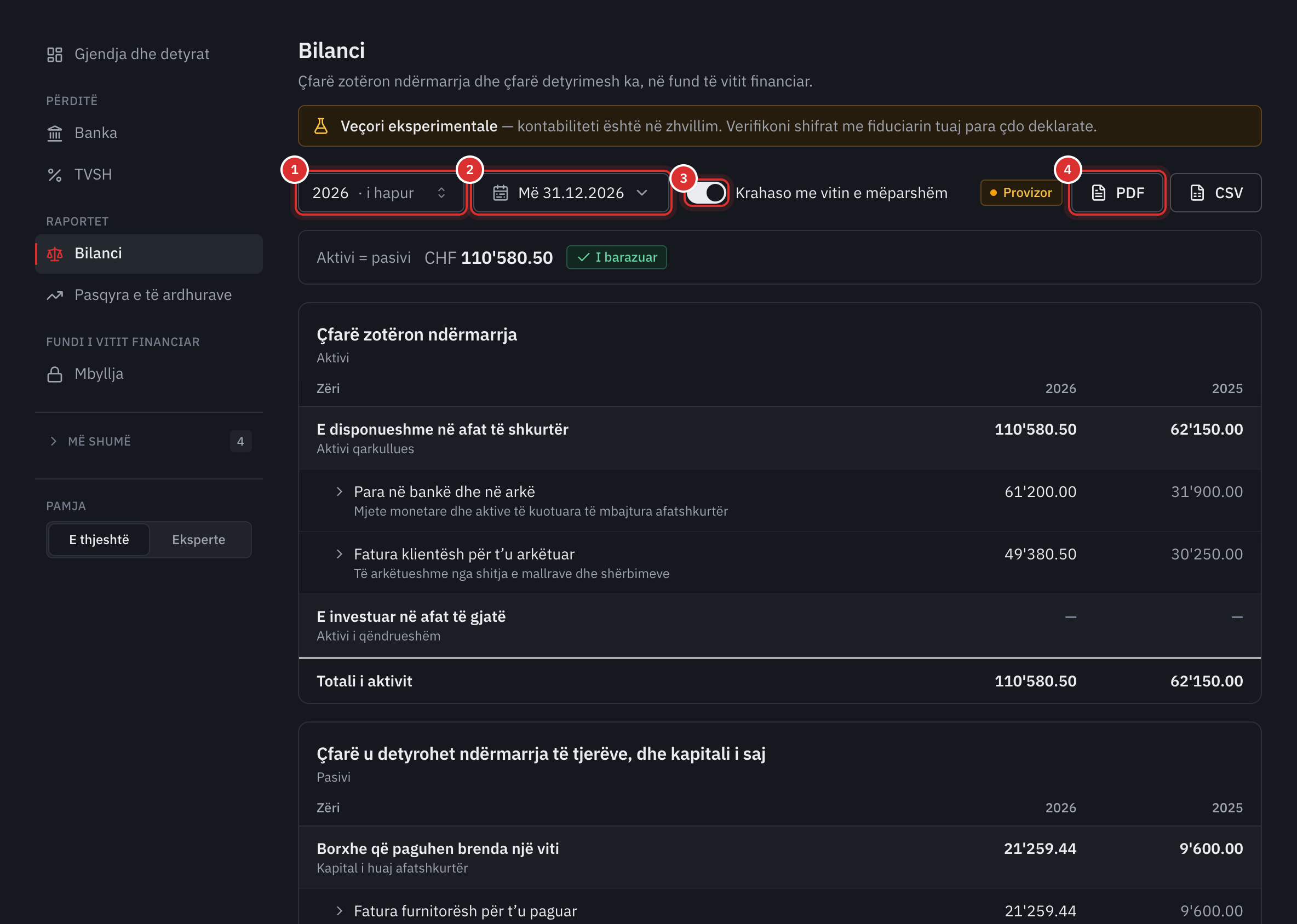 Bilanci: viti financiar, data, krahasimi me vitin e kaluar i aktivizuar, butonat PDF dhe CSV, pastaj aktivi i 2026 dhe i 2025.
