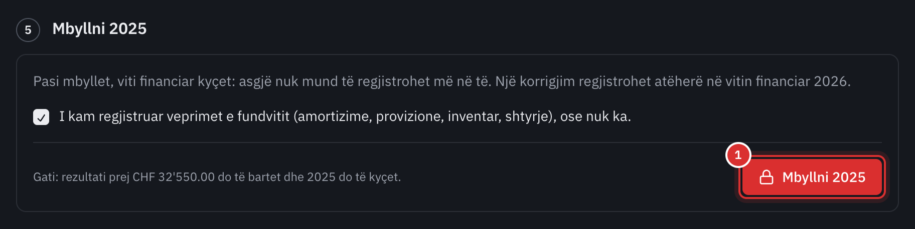 Hapi Mbyllni 2025: kutia e regjistrimeve të fundvitit e shënuar dhe butoni Mbyllni 2025.