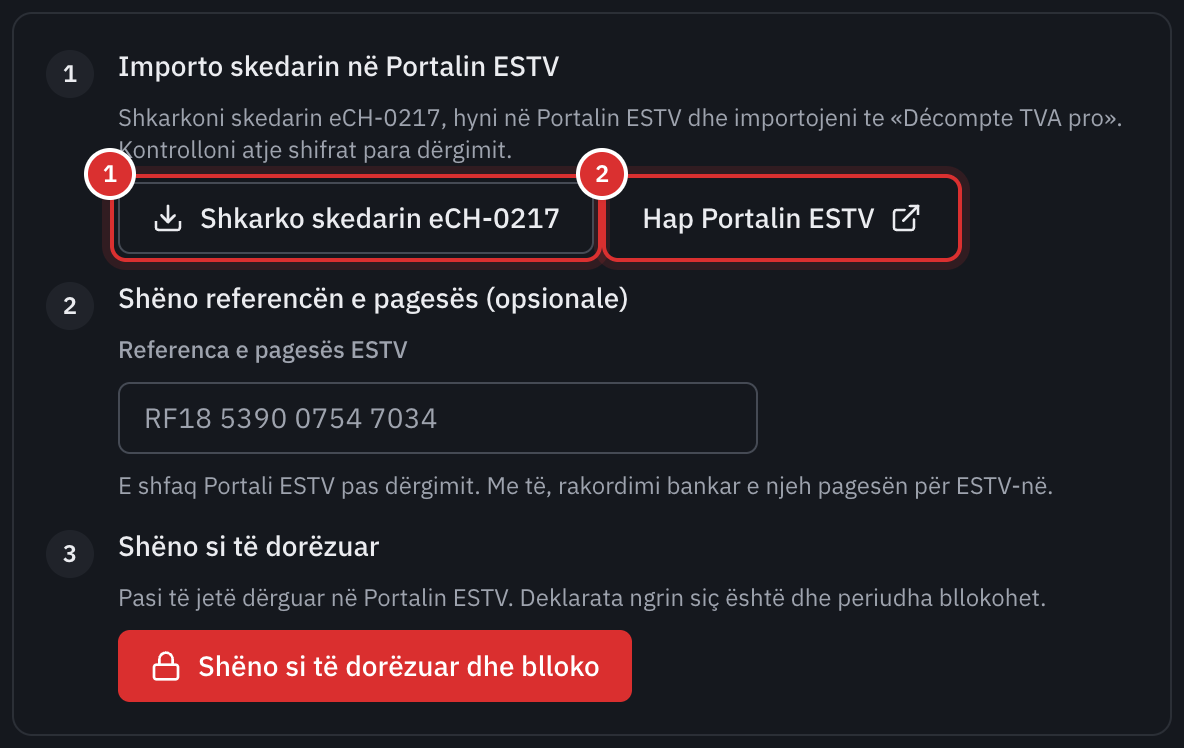 Hapi Importo skedarin në Portalin ESTV, me butonat Shkarko skedarin eCH-0217 dhe Hap Portalin ESTV.