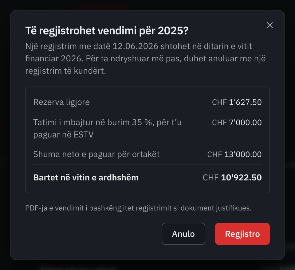 Dritarja e regjistrimit të vendimit për 2025: regjistrimi me datë 12.06.2026, rezerva ligjore, tatimi i mbajtur në burim, shuma neto dhe pjesa e bartur.