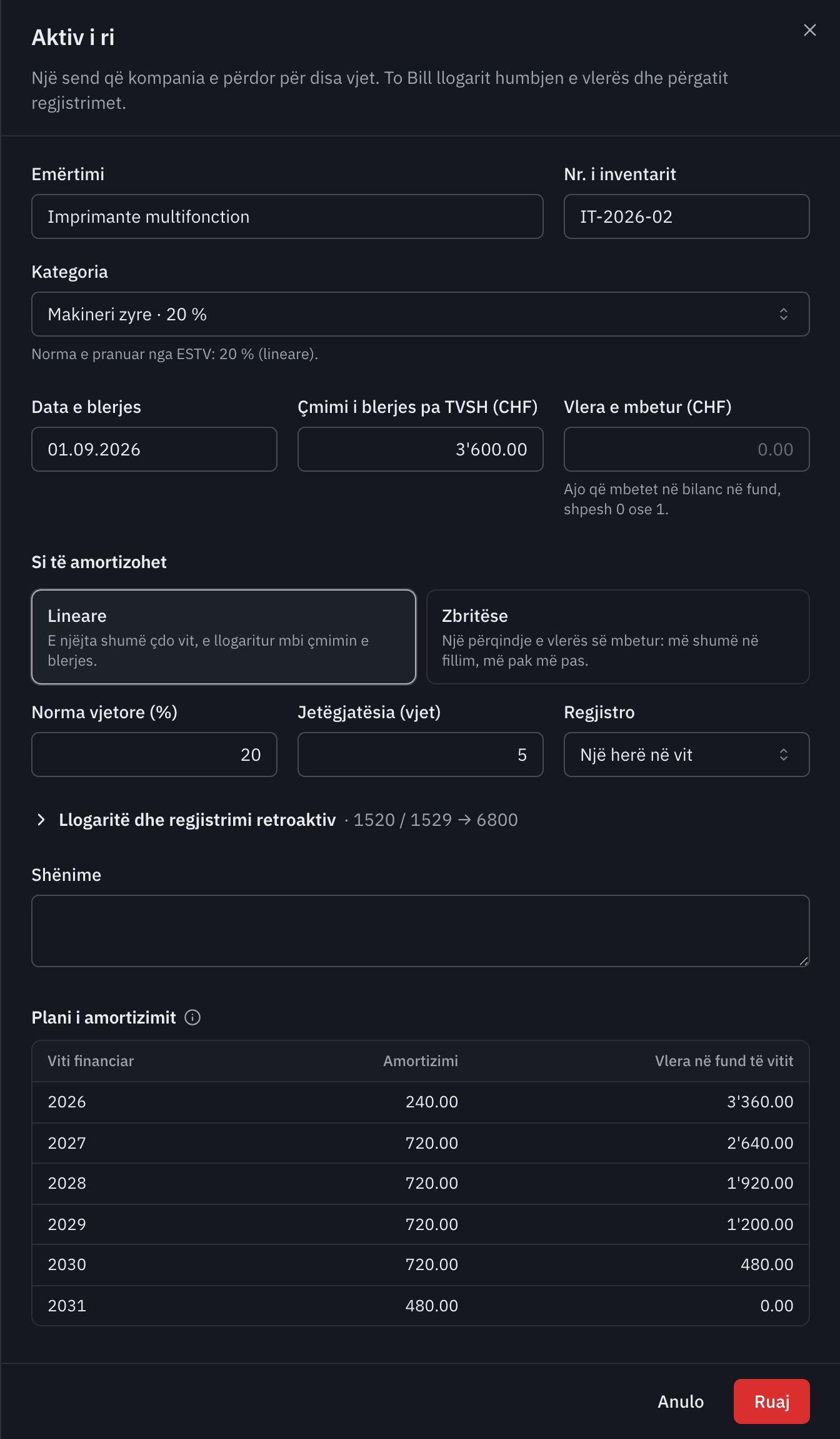 Formulari Aktiv i ri: një printer shumëfunksional, kategoria Makineri zyre me 20 %, lineare për 5 vjet, dhe plani i tij i amortizimit.