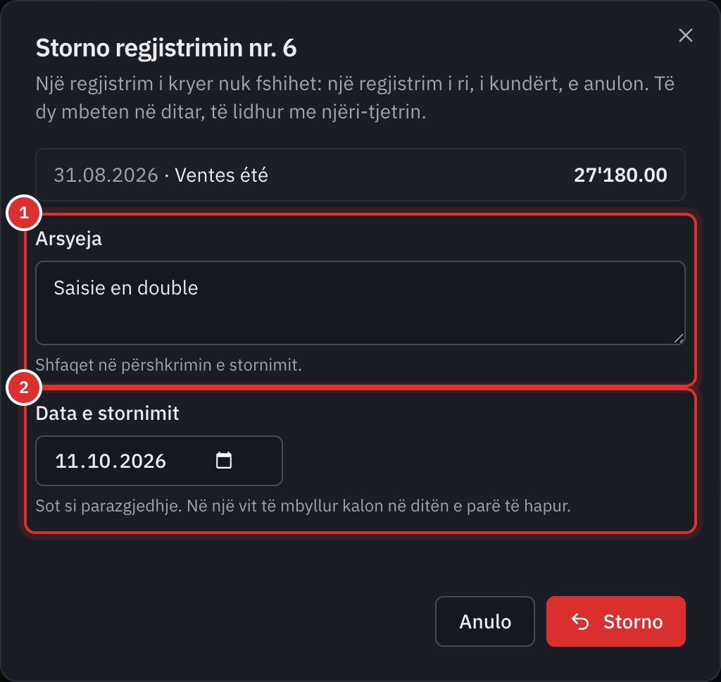 Dritarja e stornimit të regjistrimit nr. 6: arsyeja Regjistrim i dyfishtë dhe data e stornimit.