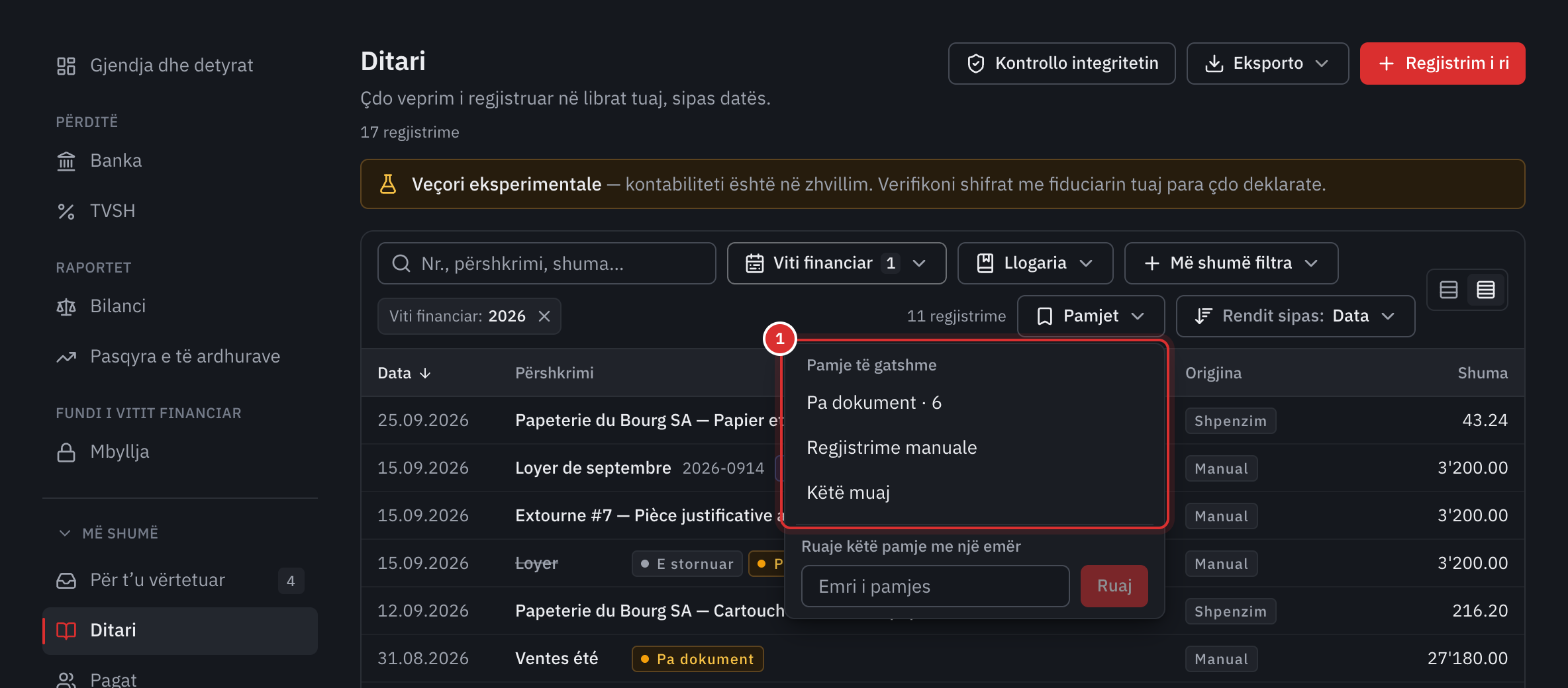 Menuja Pamjet e ditarit e hapur: Pa dokument, gjashtë regjistrime, pastaj Regjistrime manuale dhe Këtë muaj.