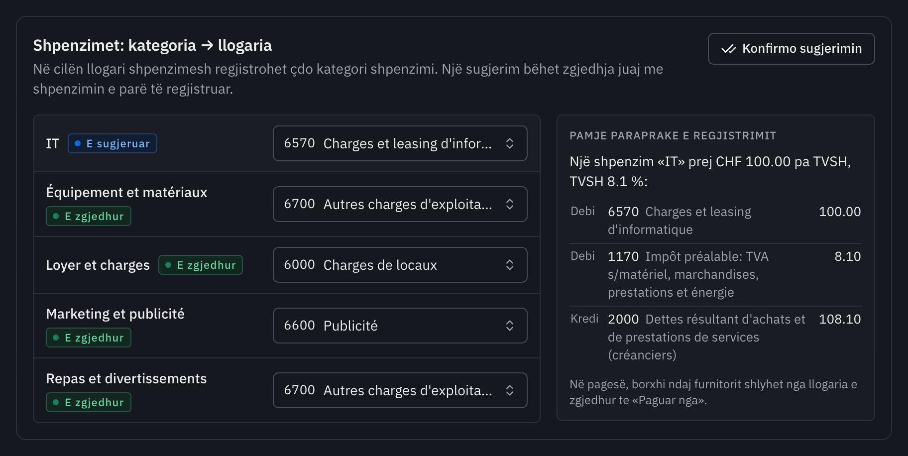 Karta Shpenzimet: kategoria drejt llogarisë, me kategorinë Informatika të sugjeruar në llogarinë 6570 dhe pamjen paraprake të regjistrimit.