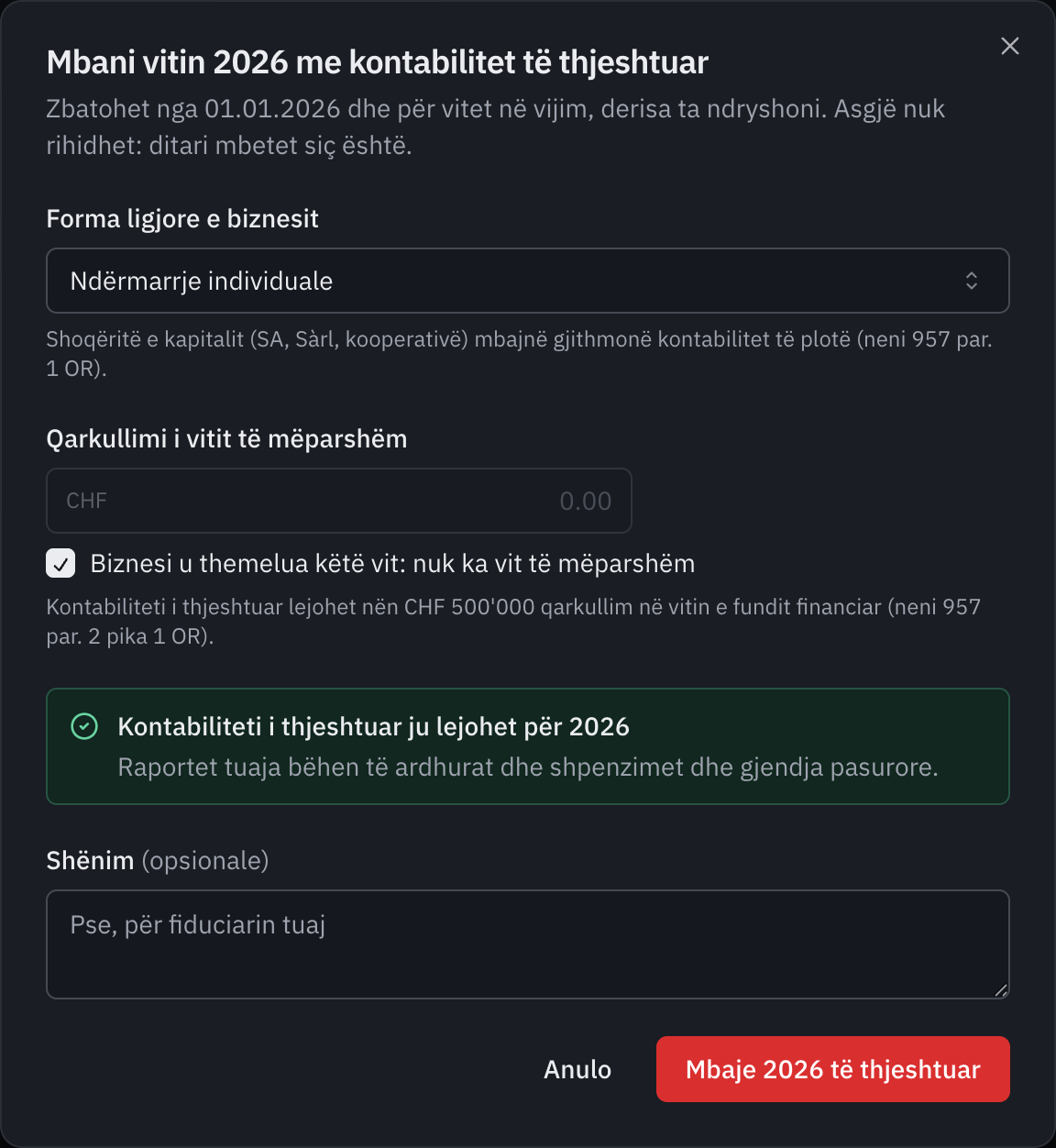 Dritarja Mbani vitin 2026 me kontabilitet të thjeshtuar: biznes individual i krijuar këtë vit dhe mesazhi Kontabiliteti i thjeshtuar ju lejohet për 2026.