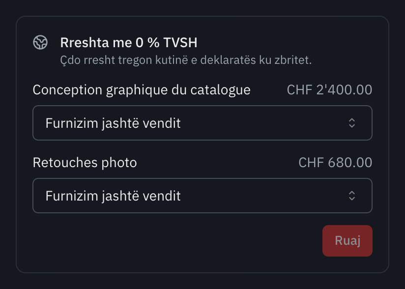 Korniza Rreshta me 0 % TVSH e një fature për një klient në Gjermani: dy rreshtat të klasifikuar si Furnizim jashtë vendit.