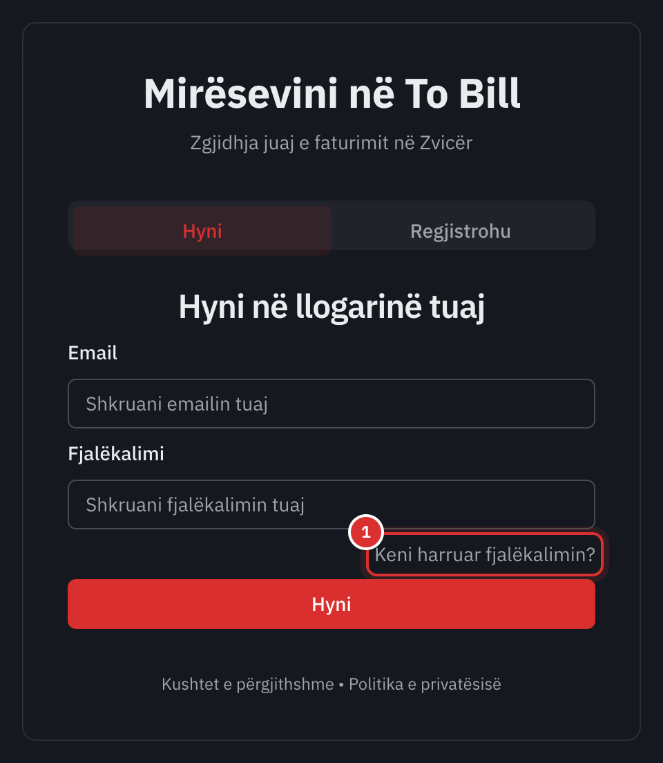 Faqja Hyni në llogarinë tuaj: e-maili, fjalëkalimi dhe lidhja për fjalëkalimin e harruar.