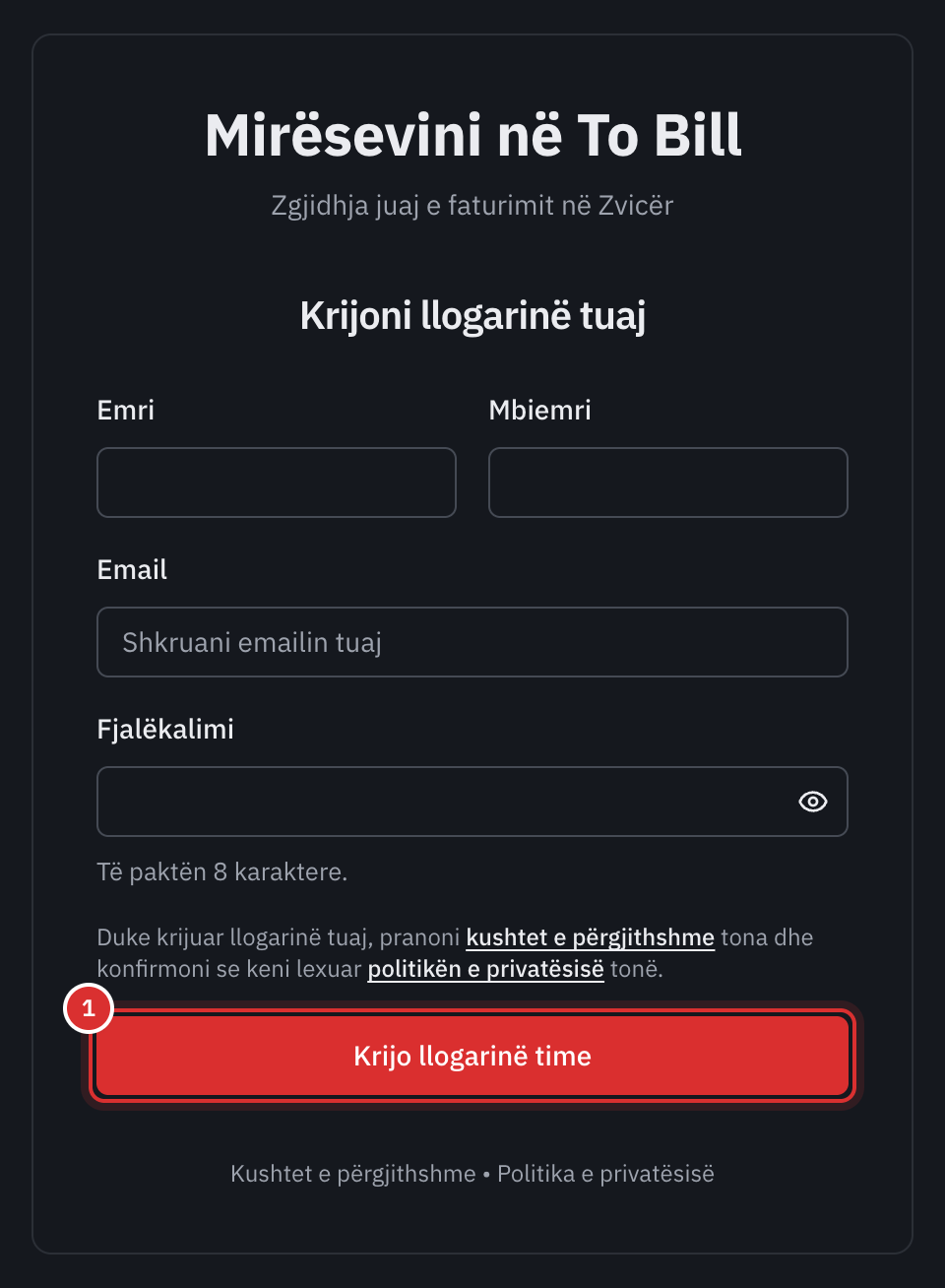 Formulari Krijoni llogarinë tuaj: emri, mbiemri, e-maili, fjalëkalimi, fjalia për kushtet e përgjithshme dhe butoni Krijo llogarinë time.