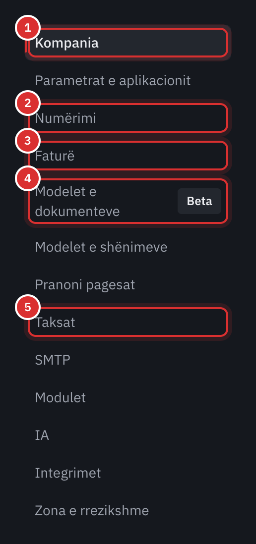 Menyja e cilësimeve, me Kompania, Numërimi, Faturë, Modelet e dokumenteve dhe Taksat të shënuara.