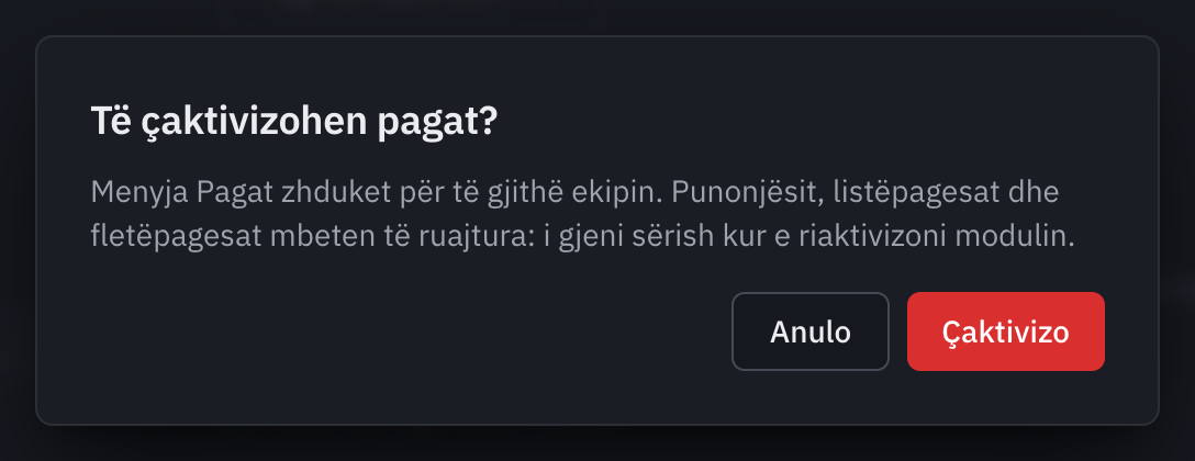 Dritarja Të çaktivizohen pagat? që shpjegon se menyja zhduket dhe të dhënat mbeten të ruajtura.