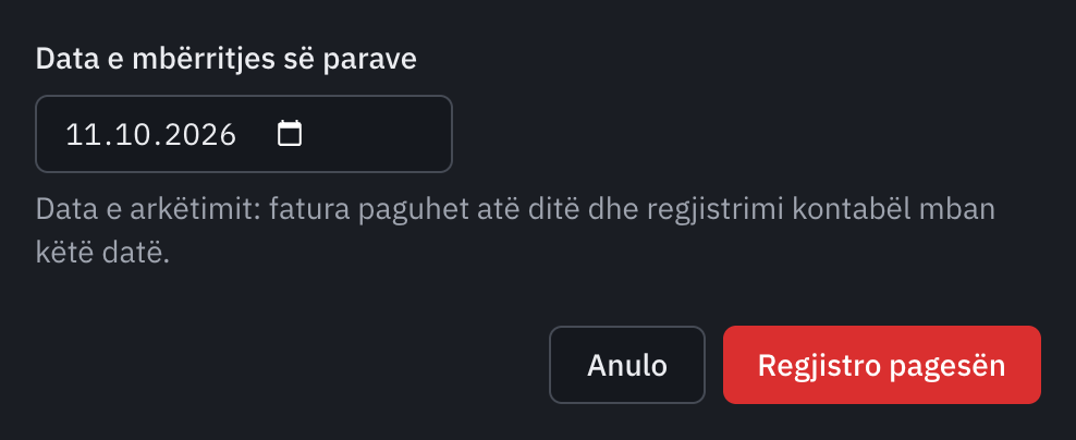 Dritarja Shëno faturën si të paguar, me datën e mbërritjes së parave dhe butonin Ruaj pagesën.