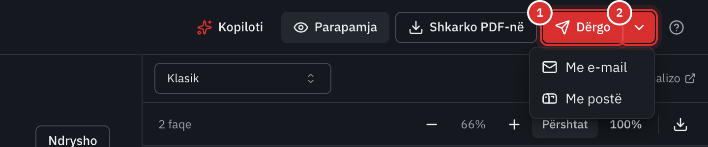 Pjesa e sipërme e redaktorit të një fature: butoni Dërgo dhe shigjeta e tij e hapur, me Me e-mail dhe Me postë.