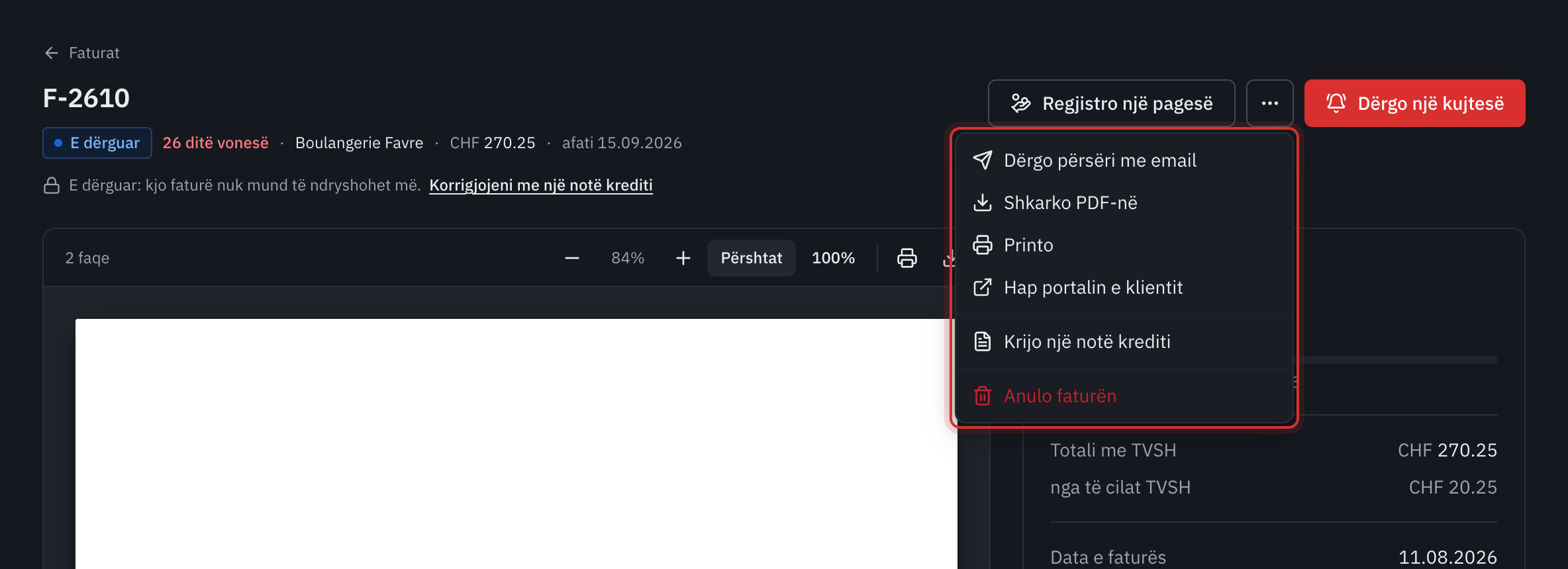 Menuja Më shumë veprime e një fature të dërguar: Dërgo përsëri me email, Shkarko PDF-në, Printo, Hap portalin e klientit, Krijo një notë krediti dhe Anulo faturën.