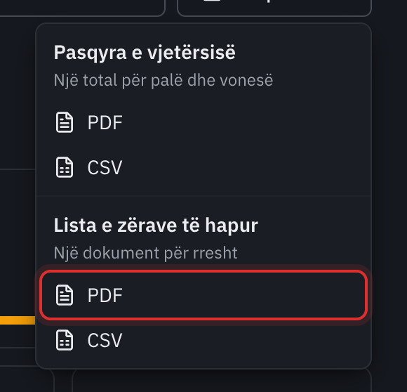 Menuja Eksporto: Pasqyra e vjetërsisë në PDF ose CSV, Lista e zërave të hapur në PDF ose CSV.
