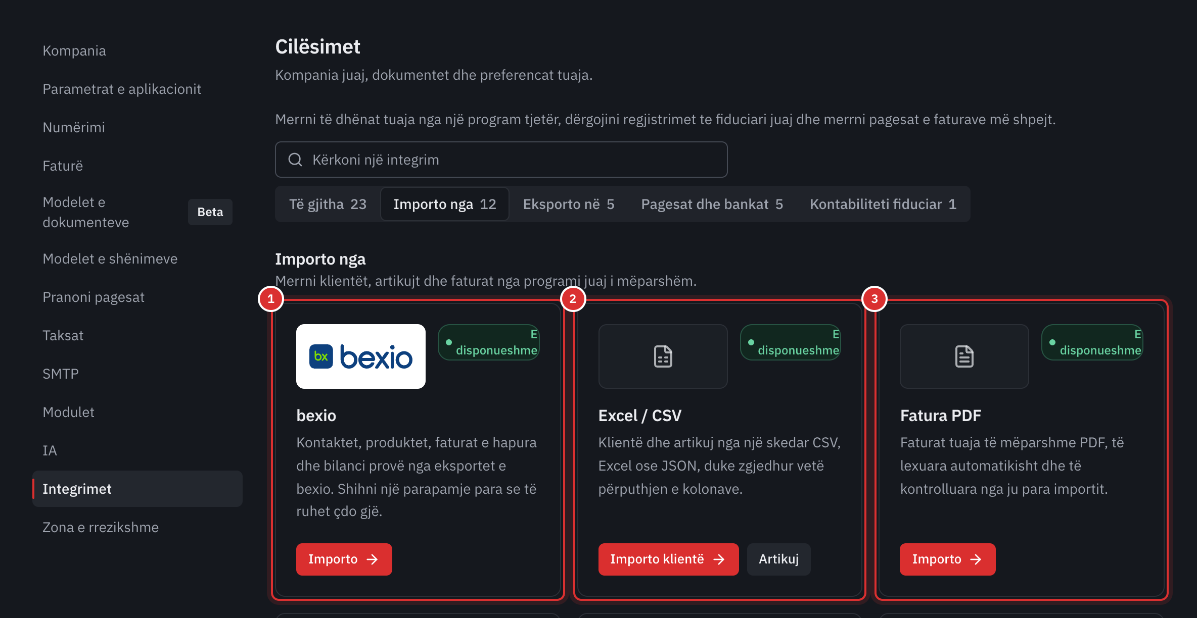 Cilësimet, Integrimet, kategoria Importo nga: kartat bexio, Excel / CSV dhe Fatura PDF, të disponueshme.