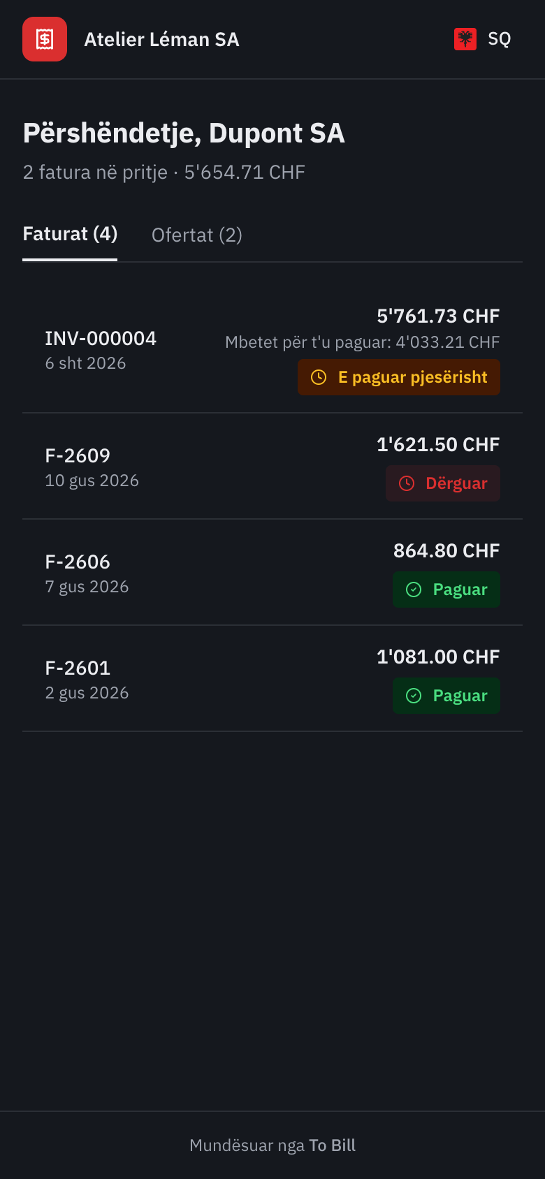 Portali i klientit në telefon, me listën e faturave.