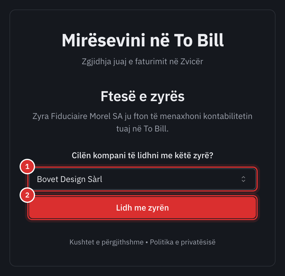 Faqja Ftesë e zyrës: zgjedhja e kompanisë dhe butoni Lidh me zyrën.