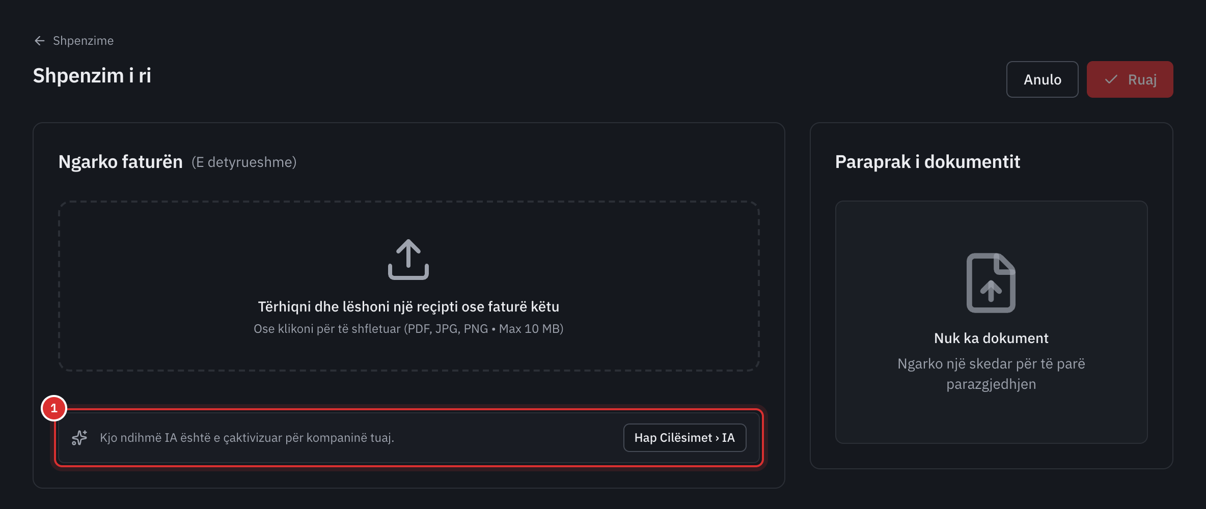 Faqja Shpenzim i ri e një kompanie pa IA: nën zonën e dëftesës, shënimi Kjo ndihmë IA është e çaktivizuar për kompaninë tuaj, me butonin Hap Cilësimet, IA.
