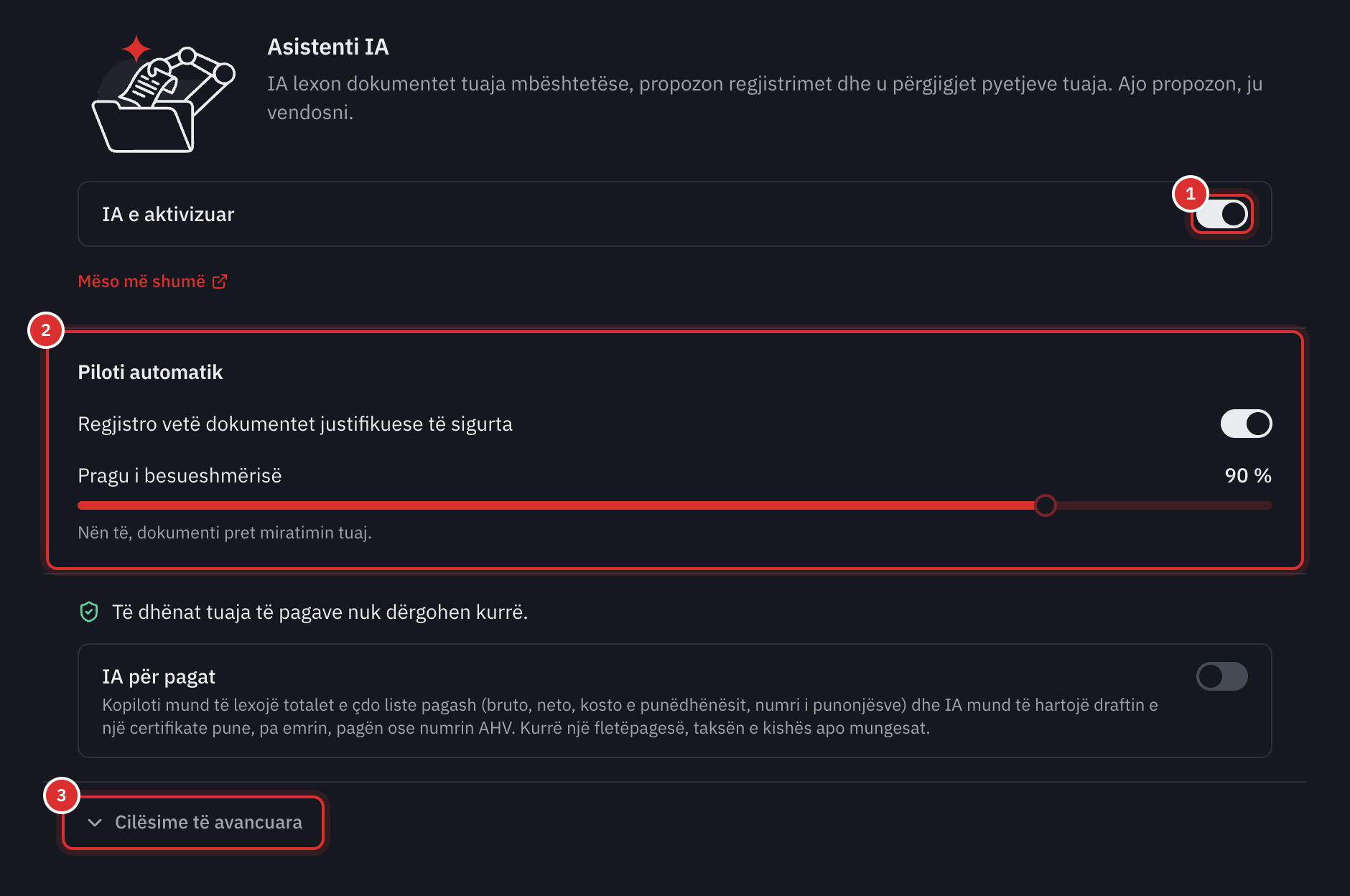 Faqja Cilësimet, IA: çelësi IA e aktivizuar, piloti automatik dhe lidhja Cilësime të avancuara.