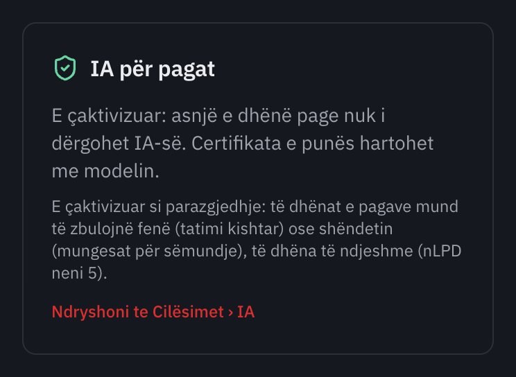 Karta IA për pagat e faqes Pagat, Sigurimet: e çaktivizuar, asnjë e dhënë page nuk i dërgohet IA-së, arsyeja dhe lidhja Ndryshoni te Cilësimet, IA.