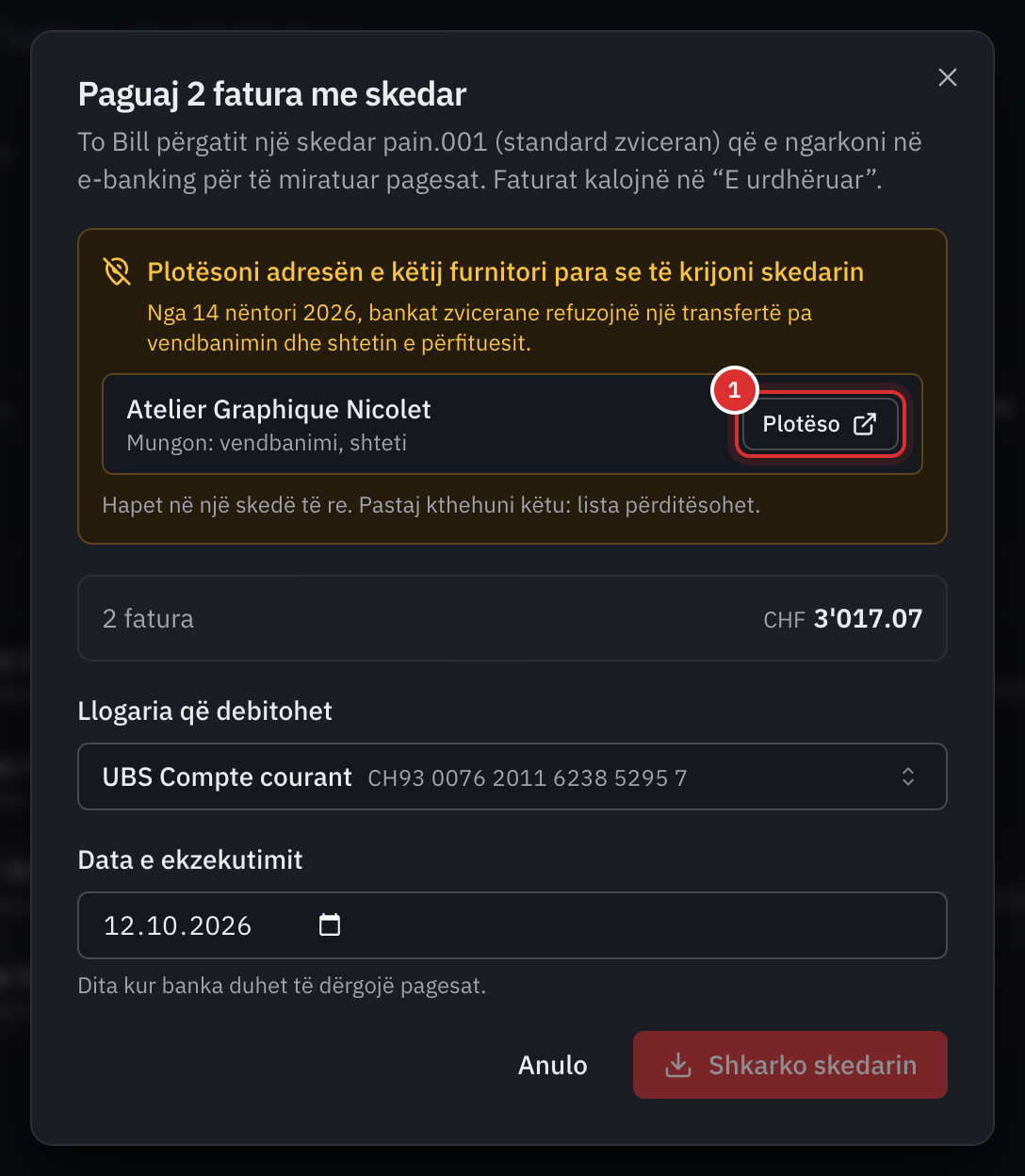 Dritarja e pagesës me paralajmërimin Plotësoni adresën e këtij furnitori para se të krijoni skedarin: Atelier Graphique Nicolet, mungojnë vendbanimi dhe shteti, me butonin Plotëso.