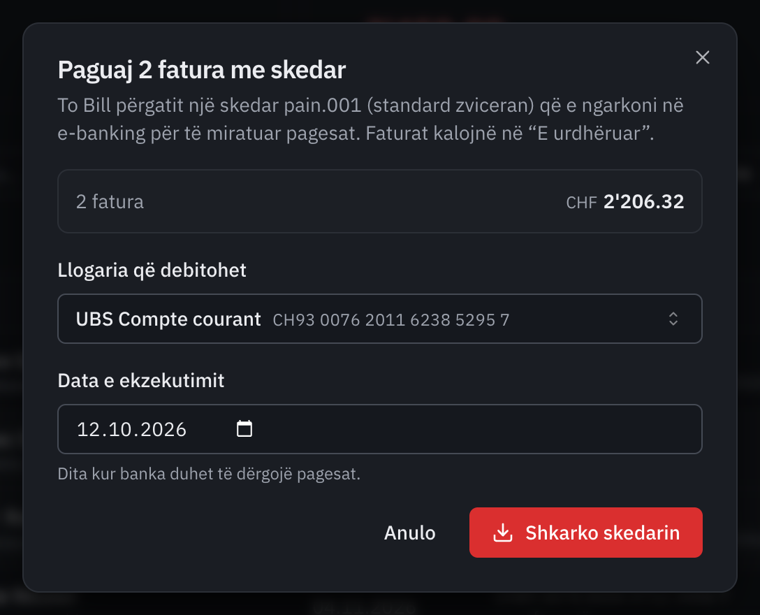 Dritarja Paguaj 2 fatura me skedar: totali, llogaria që debitohet UBS Compte courant, data e ekzekutimit dhe butoni Shkarko skedarin.