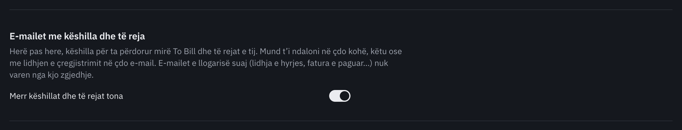 Pjesa E-mailet me këshilla dhe të reja te Llogaria ime: teksti që e shpjegon dhe çelësi Merr këshillat dhe të rejat tona, i ndezur.