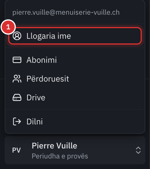 Menyja e llogarisë e hapur poshtë majtas: e-maili, Llogaria ime, Abonimi, Përdoruesit, Drive dhe Dilni.