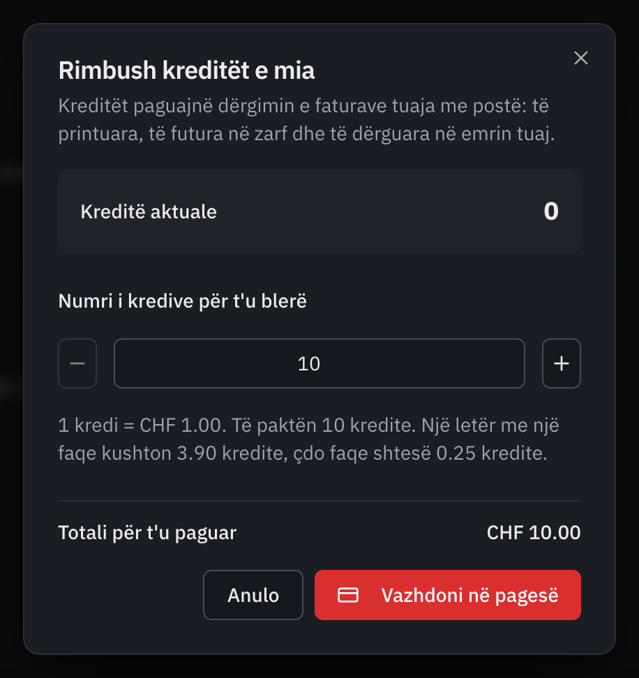 Dritarja Rimbush kreditët e mia: për çfarë shërbejnë kreditet (dërgimi i faturave me postë), kreditet aktuale, numri për t'u blerë, tarifa me minimumin prej 10 kreditesh dhe çmimi i një letre, dhe totali për t'u paguar CHF 10.00.