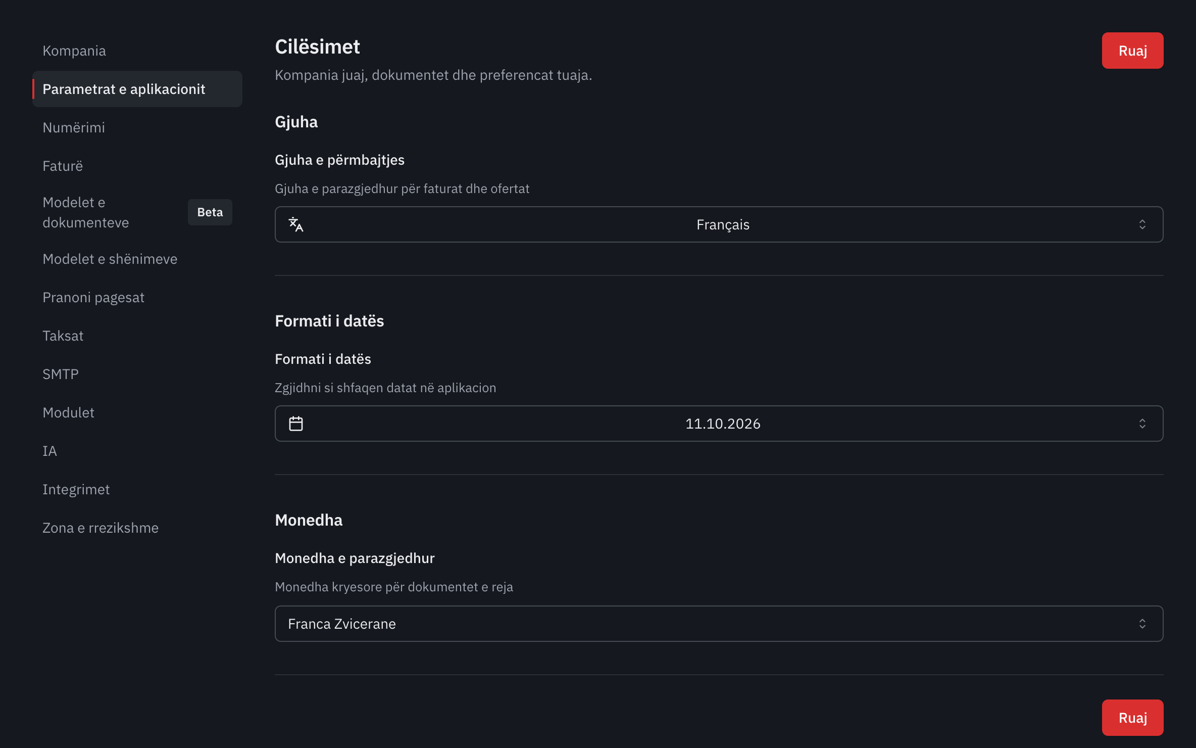 Skeda Parametrat e aplikacionit: gjuha e përmbajtjes, formati i datës dhe monedha e parazgjedhur.