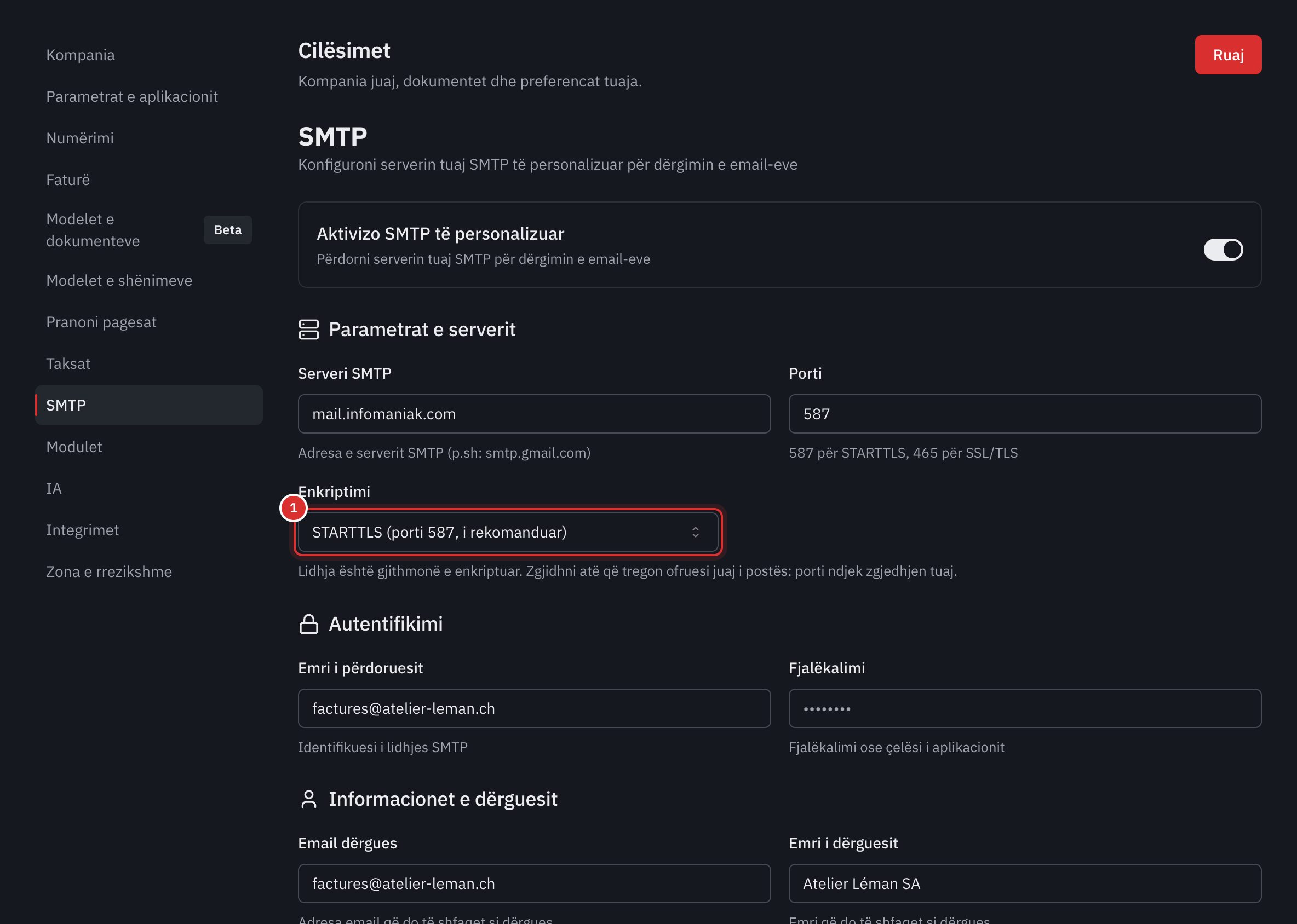 Skeda SMTP: serveri, porti, enkriptimi, autentifikimi dhe dërguesi.