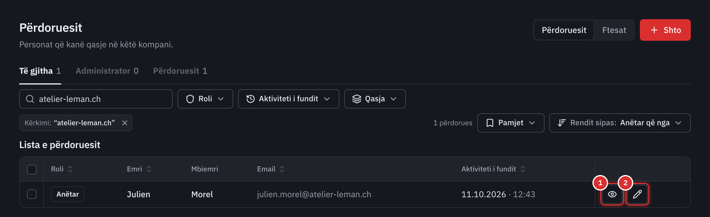 Lista e përdoruesve: roli, emri, mbiemri, e-maili dhe aktiviteti i fundit i secilit, me butonat Detajet dhe Modifiko.