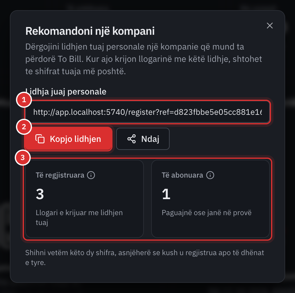 Dritarja Rekomandoni një kompani: lidhja personale, butonat Kopjo lidhjen dhe Ndaj, pastaj numëruesit Të regjistruara dhe Të abonuara.